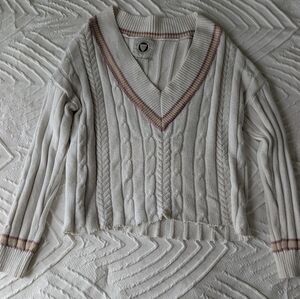 Urban Outfitters Cream and Pink V-Neck Sweater
